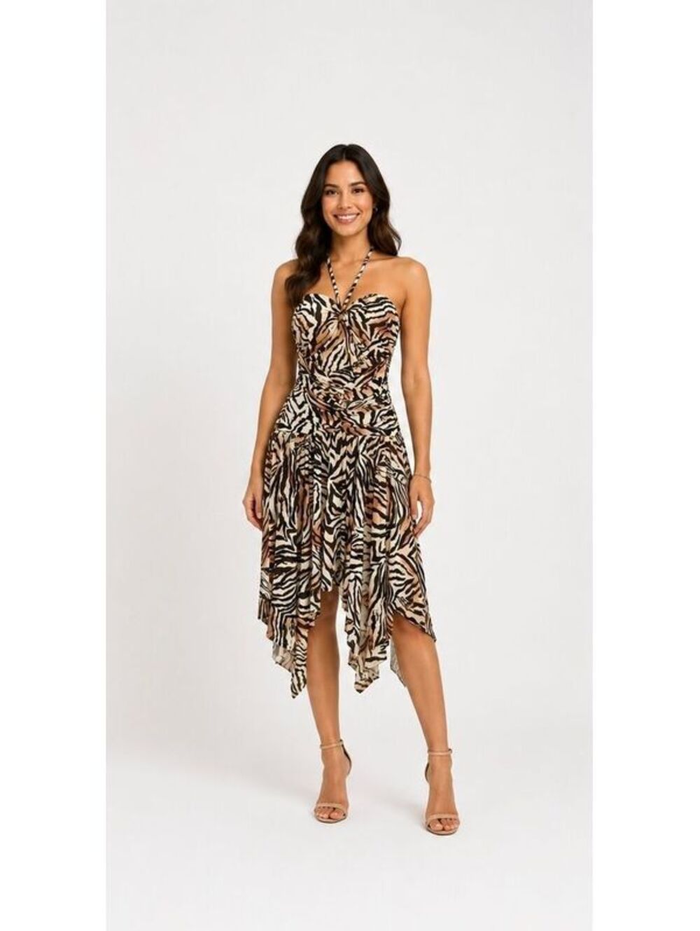 Bar III Zebra Printed Asymmetric Mesh Midi Dress